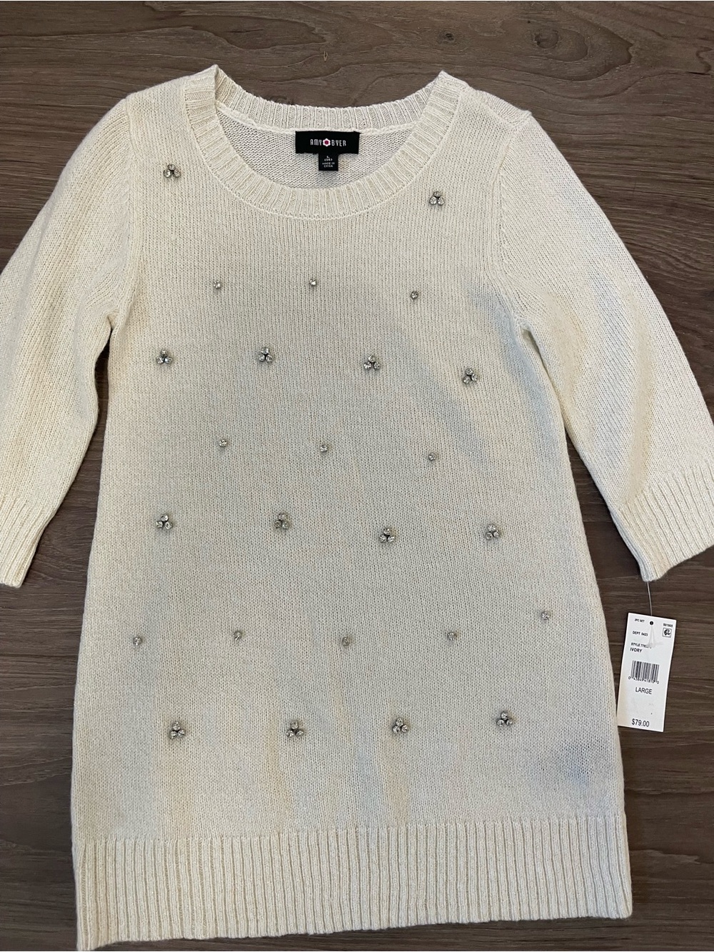 Amy Byer Cream Embellished Knit Sweater Dress